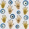 Cute seamless design vector pattern background illustration with greek evil eyes, human female hand and stars