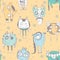 Cute seamless doodle pattern with lovely hand drawn monsters, dots and stars on yellow background. Vector illustration with alien