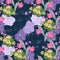 Cute seamless fantastic floral pattern with epiphyllum, primrose and nasturtium flowers, lilac leaves and abstract musical notes