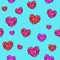 Cute seamless full of love and nice mood Valentines day patern with isolated red and violet hearts on blue background