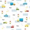 Cute seamless kids vector pattern with cars and buses on white background