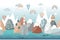 Cute seamless landscape pattern with sea waves, mountains, lighthouse, clouds and rainbows. Travel concept, kids