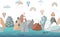 Cute seamless landscape pattern with sea waves, mountains, lighthouse, clouds and rainbows. Travel concept, kids