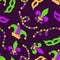 Cute seamless Mardi Gras background with masks and beads in traditional colors
