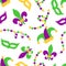 Cute seamless Mardi Gras background with masks and beads in traditional colors