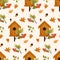 Cute seamless pathen on an autumnal theme. Pattern with autumn elements, birdhouse, leaves, autumn branches, rowan