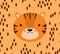 Cute seamless pattern with baby tiger face portarait in simple flat style on beige background. Sweet childish backdrop with mammal