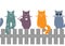 Cute seamless pattern background with cats seating on the fence. Vector illustration.