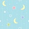 Cute seamless pattern background with colorful dotted and outlined stars and crescent moon.