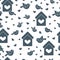 Cute seamless pattern with birds, birdhouses and hearts.Template for design, fabric, print. Greeting card Valentine`s Day