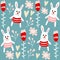 Cute seamless pattern with bunnies, hearts and flowers, illustration background