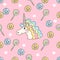 Cute seamless pattern with candy, stars, donuts and unicorn.