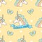 Cute seamless pattern with candy, stars, donuts and unicorn.