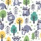 Cute seamless pattern with cartoon forest raccoons and trees. Childish print with happy animals. Baby racoon for nursery