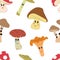 Cute seamless pattern with cartoon mushrooms with different emotions on white background. Vector