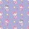 Cute seamless pattern for children with chubby white cartoon unicorns, stars, hearts, diamonds and clouds on light violet backgrou