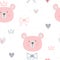 Cute seamless pattern for children. Repeated faces of bears, hearts, crowns, bows and polka dots.