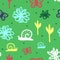 Cute seamless pattern for children. Repeated snails, flowers, butterflies and round dots. Drawn by hand.