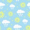 Cute seamless pattern with clouds, raindrops, hearts and smiling sun. Drawn by hand.