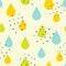 Cute seamless pattern with colored raindrops and small spots. Rainy print for children.