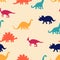 Cute seamless pattern with colorful dinosaur silhouettes