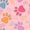 Cute seamless pattern with colorful pets paws. Cat or dog footprint outline background with dots. Animal backdrop for pet shops,