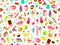 Cute seamless pattern with colorful sweets, cakes, lollipops. Cartoon seamless pattern with candy and sweet dessert. Fun