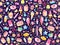 Cute seamless pattern with colorful sweets, cakes, lollipops. Cartoon seamless pattern with candy and sweet dessert. Fun