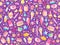 Cute seamless pattern with colorful sweets, cakes, lollipops. Cartoon seamless pattern with candy and sweet dessert. Fun