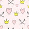 Cute seamless pattern with crowns, hearts, crossed arrows and round dots. Endless girlish print.