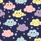 Cute seamless pattern with cute clouds and stars. Design for kids. Vector illustration.