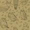 Cute seamless pattern with different owls and leaves