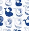 Cute seamless pattern with different whales silhouettes.