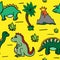 Cute seamless pattern with dinosaurs, palm trees and volcanoes drawn by hand. Print for children.