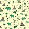 Cute seamless pattern with dinosaurs, palm trees, volcanoes and paw prints. Drawn by hand. Print for kids.