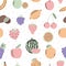Cute seamless pattern with exotic fruits. Cartoon tropical fruits and berries. Colorful healthy food background. Organic food