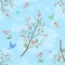 Cute seamless pattern with flowering branch, silhouettes of birds and clouds