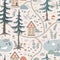 Cute seamless pattern with forest landscape elements. Cartoon animals, lake, houses, trees and flowers. Scandinavian