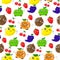 Cute Seamless pattern with fruit characters: green apple, orange, yellow lemon winks, red cherry and strawberry, grapes