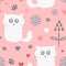 Cute seamless pattern with funny cats, flowers, hearts and paw prints.