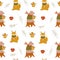 Cute seamless pattern with funny cute bears, teacups, teapots and umbrellas