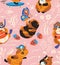 Cute seamless pattern with guinea pigs on summer vacation. Vector illustration