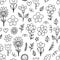 Cute seamless pattern with hand drawn happy flowers. Funny kawaii elements. Floral doodle background. Childish print