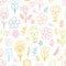 Cute seamless pattern with hand drawn happy flowers. Funny kawaii elements. Floral doodle background. Childish print