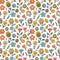 Cute seamless pattern with hand drawn happy flowers. Funny kawaii elements. Floral doodle background. Childish print