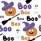 Cute seamless pattern illustration. Isolated on white background. Halloween attributes: pumpkins, hat, boo, cute ghosts