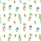 Cute seamless pattern with indoor plants in a pot. Print with green leaves of banana, date palm, cactus and succulent