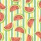Cute seamless pattern of juicy slices of watermelon and vertical stripes. Fruit abstract background, vector illustration