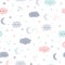 Cute seamless pattern for kids. Lovely children background with moon, stars and clouds