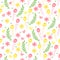 Cute seamless pattern with leaves, flowers, tulip and hearts.